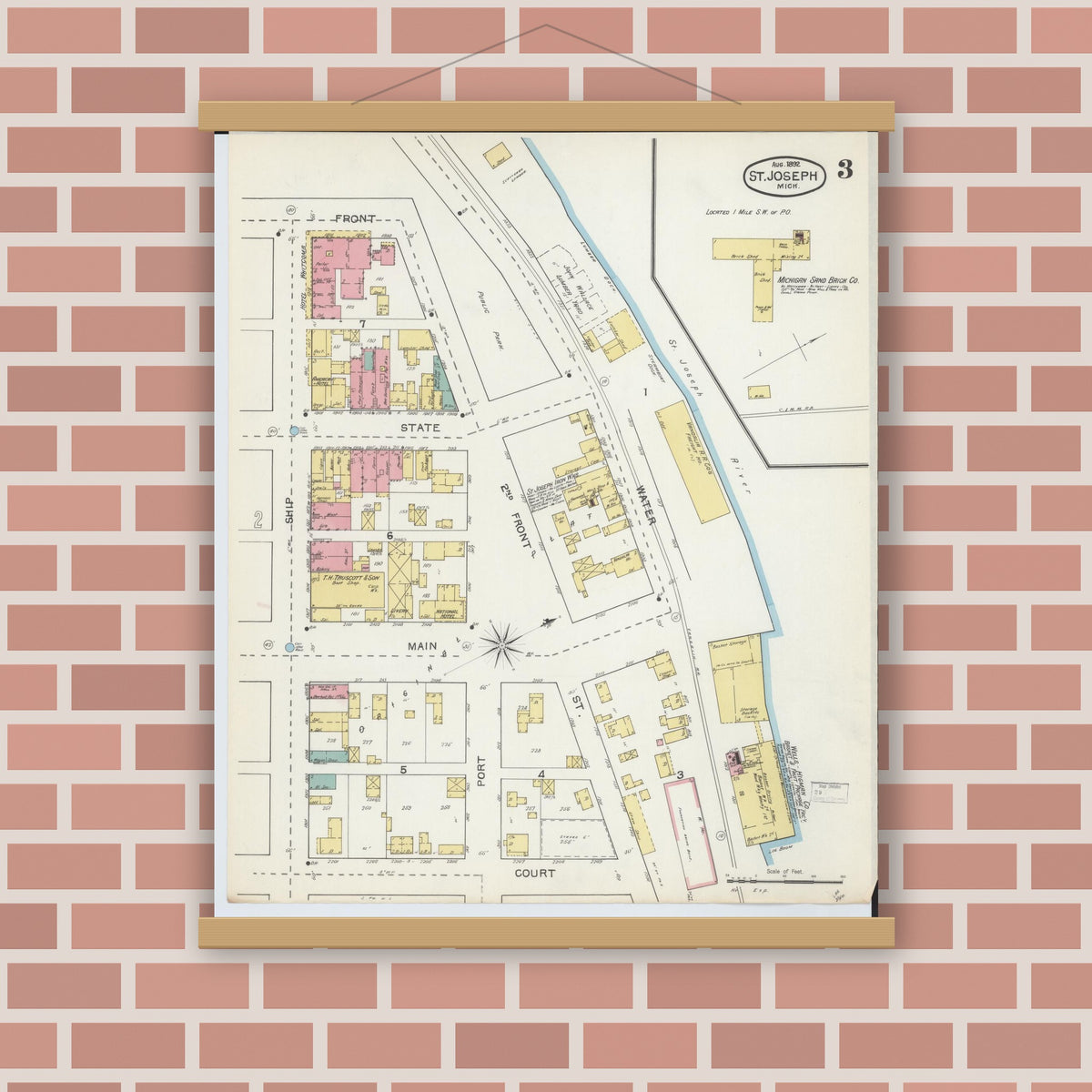 Old map wall art mockup — magnetic wood frame on brick wall — Sanborn Fire Insurance Map from Saint Joseph, Berrien County, Michigan (1892), Sheet #0003