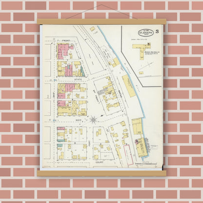 Old map wall art mockup — magnetic wood frame on brick wall — Sanborn Fire Insurance Map from Saint Joseph, Berrien County, Michigan (1892), Sheet #0003