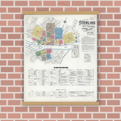 Old map wall art mockup — magnetic wood frame on brick wall — Sanborn Fire Insurance Map from Sterling, Whiteside County, Illinois (1916) - Complete Map Set