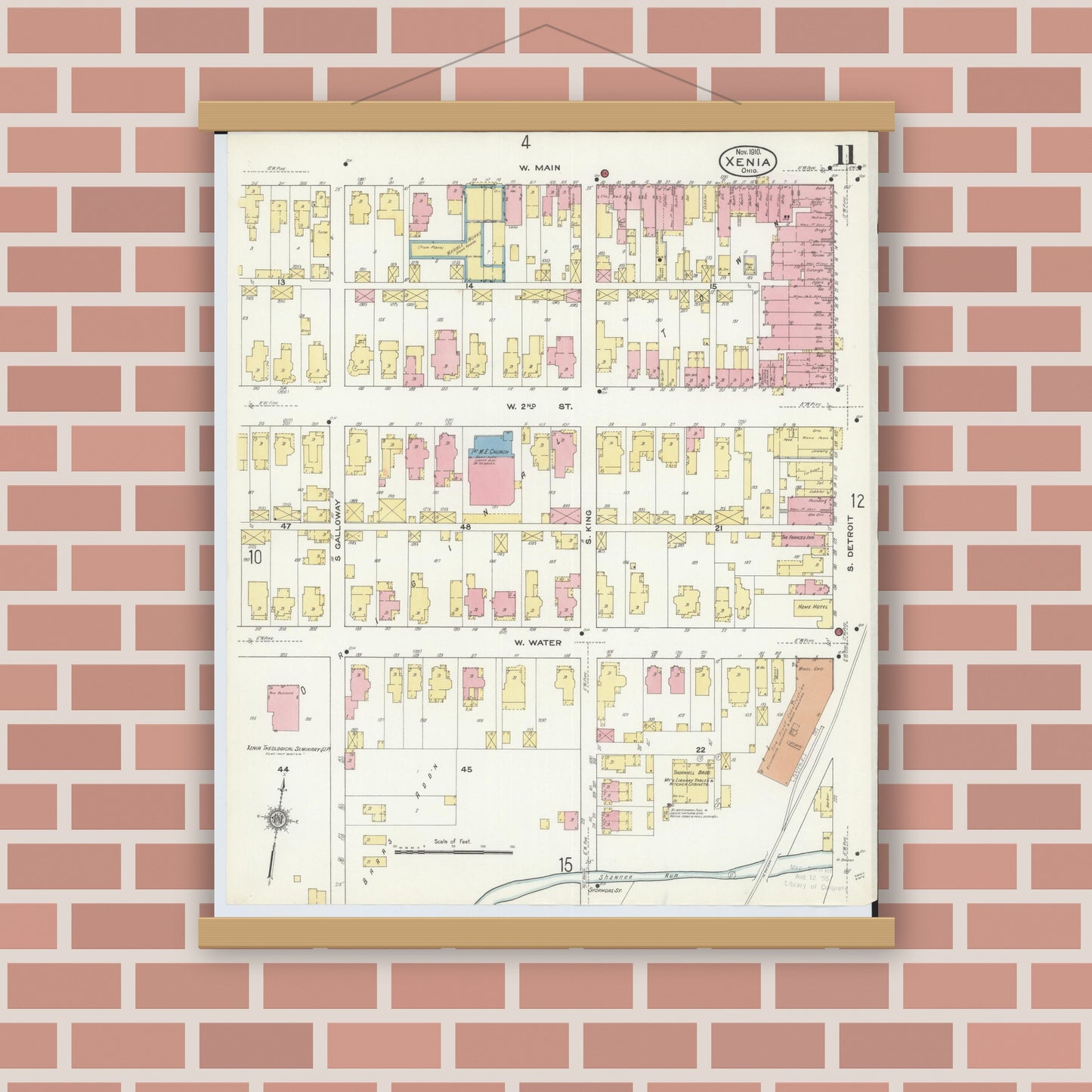 Old map wall art mockup — magnetic wood frame on brick wall — Sanborn Fire Insurance Map from Xenia, Greene County, Ohio (1910), Sheet #0011