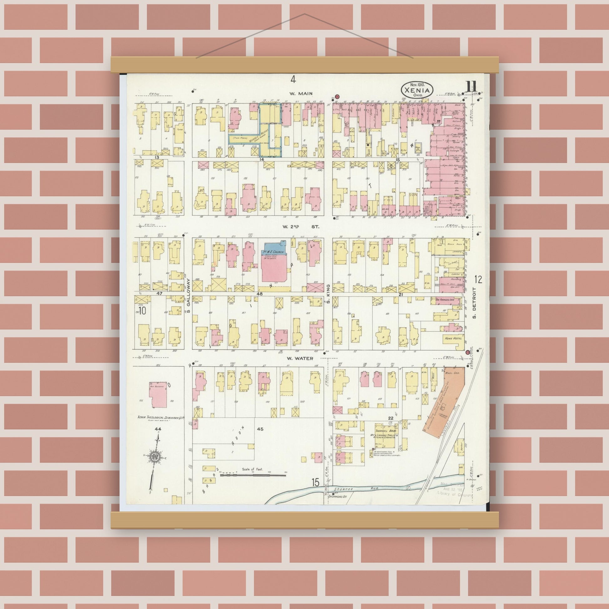 Old map wall art mockup — magnetic wood frame on brick wall — Sanborn Fire Insurance Map from Xenia, Greene County, Ohio (1910), Sheet #0011