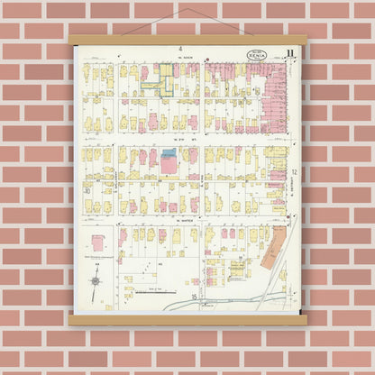Old map wall art mockup — magnetic wood frame on brick wall — Sanborn Fire Insurance Map from Xenia, Greene County, Ohio (1910), Sheet #0011