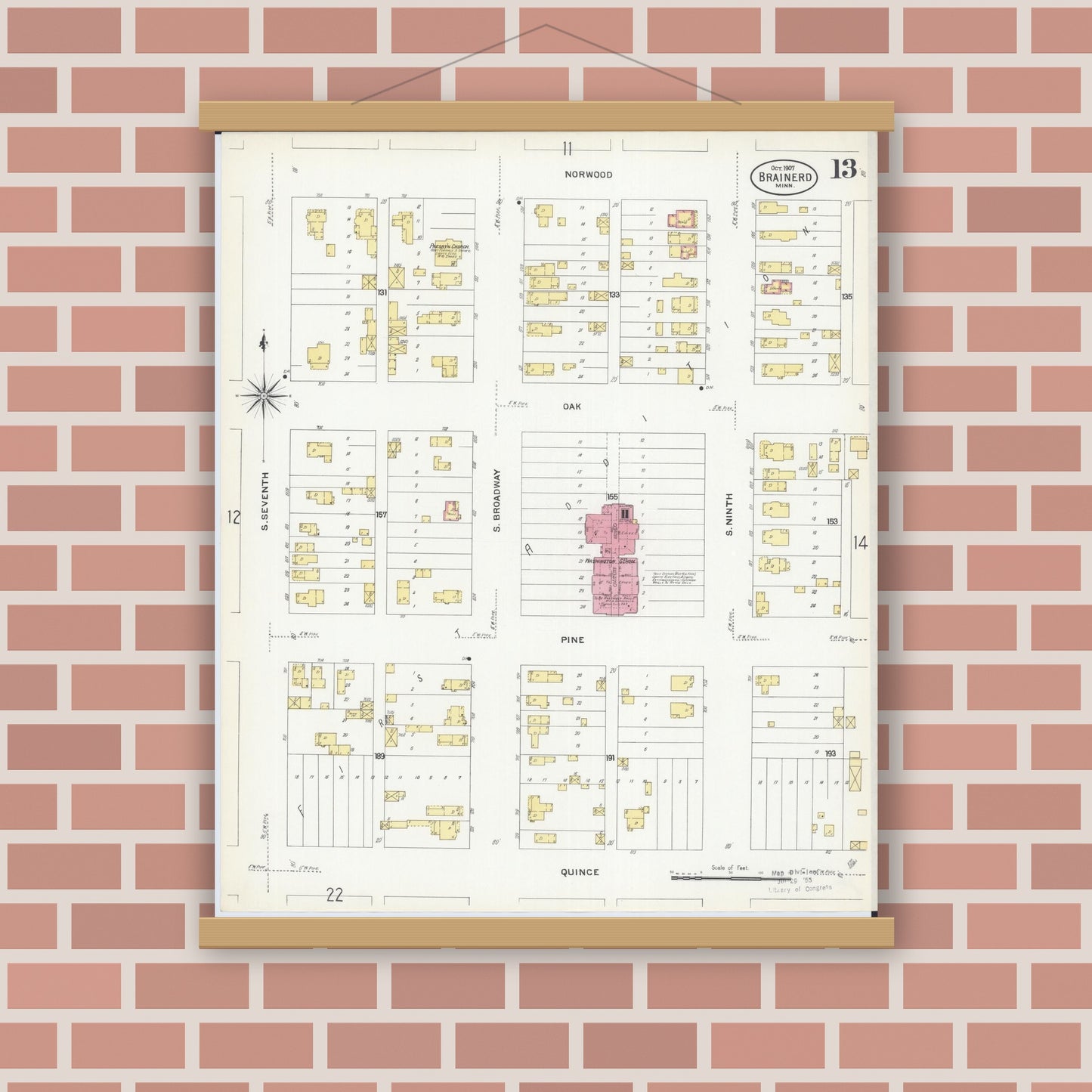 Old map wall art mockup — magnetic wood frame on brick wall — Sanborn Fire Insurance Map from Brainerd, Crow Wing County, Minnesota (1907), Sheet #0013