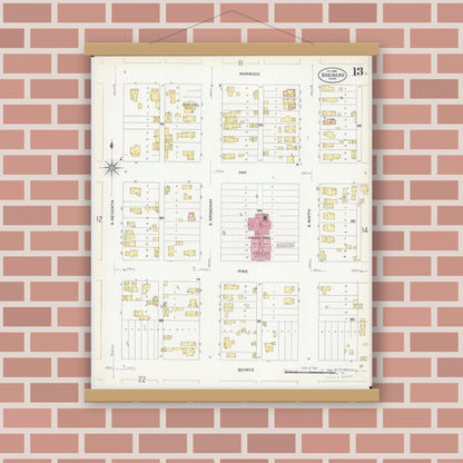 Old map wall art mockup — magnetic wood frame on brick wall — Sanborn Fire Insurance Map from Brainerd, Crow Wing County, Minnesota (1907), Sheet #0013