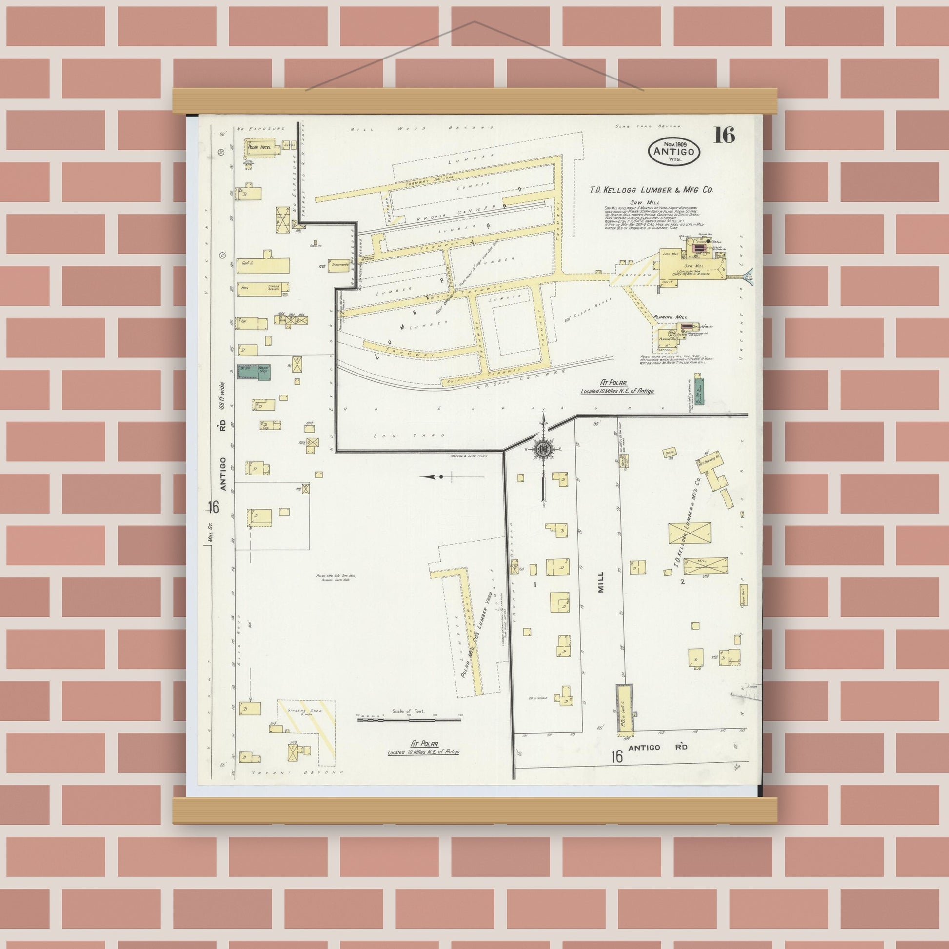 Old map wall art mockup — magnetic wood frame on brick wall — Sanborn Fire Insurance Map from Antigo, Langlade County, Wisconsin (1909), Sheet #0016