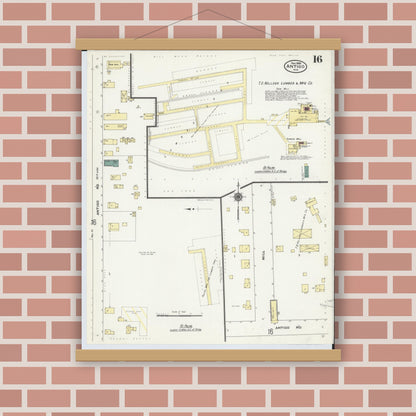 Old map wall art mockup — magnetic wood frame on brick wall — Sanborn Fire Insurance Map from Antigo, Langlade County, Wisconsin (1909), Sheet #0016