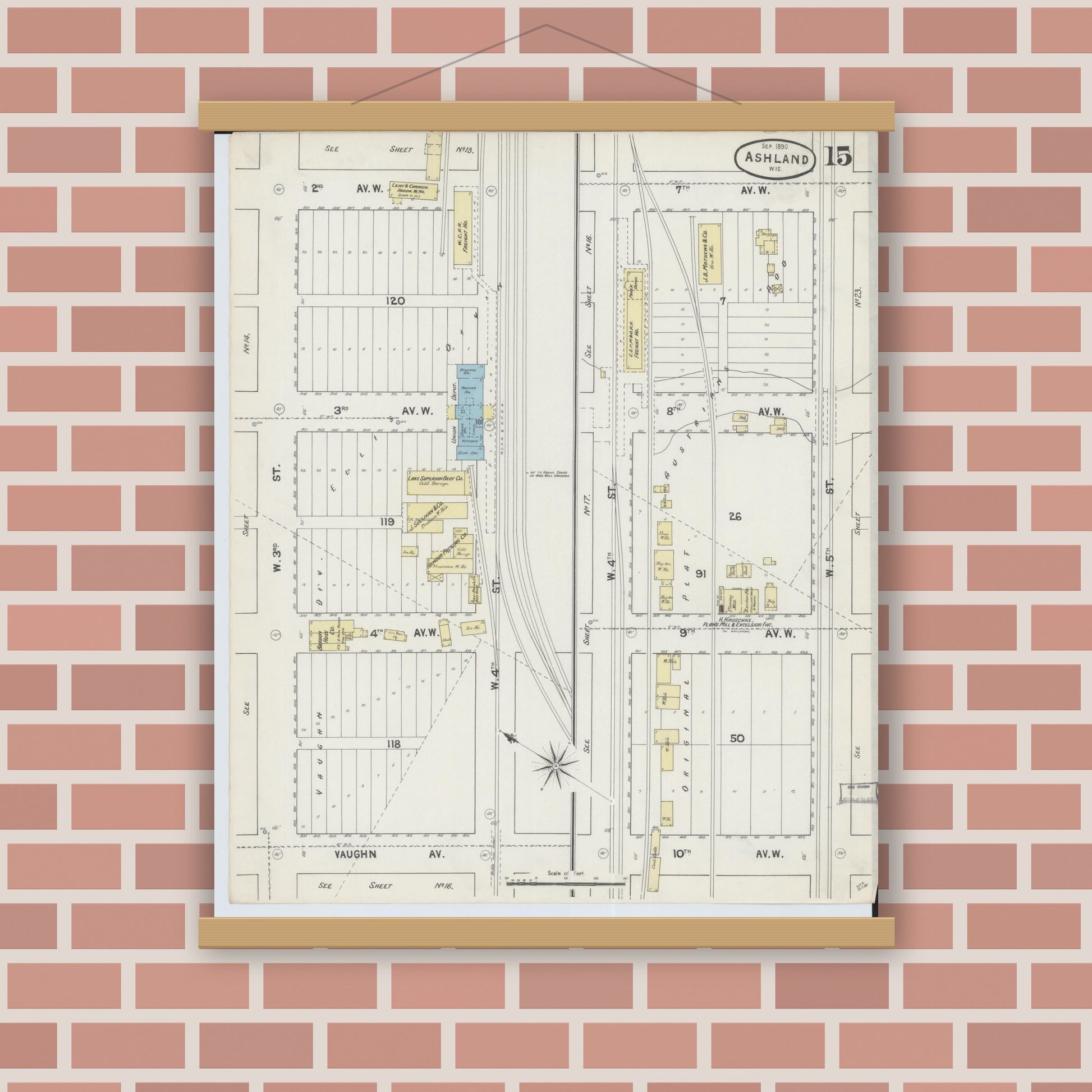 Old map wall art mockup — magnetic wood frame on brick wall — Sanborn Fire Insurance Map from Ashland, Ashland County, Wisconsin (1890), Sheet #0015