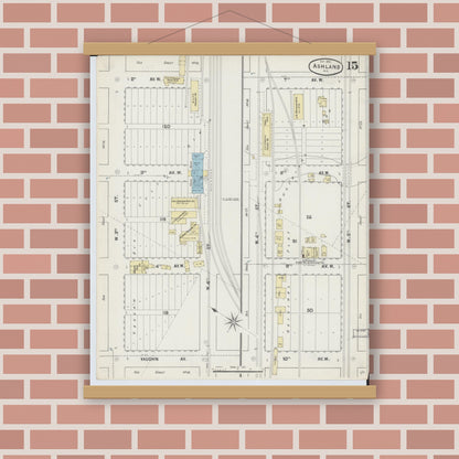 Old map wall art mockup — magnetic wood frame on brick wall — Sanborn Fire Insurance Map from Ashland, Ashland County, Wisconsin (1890), Sheet #0015