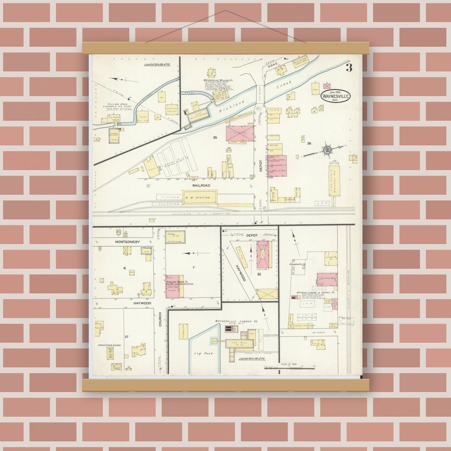 Old map wall art mockup — magnetic wood frame on brick wall — Sanborn Fire Insurance Map from Waynesville, Haywood County, North Carolina (1913), Sheet #0003