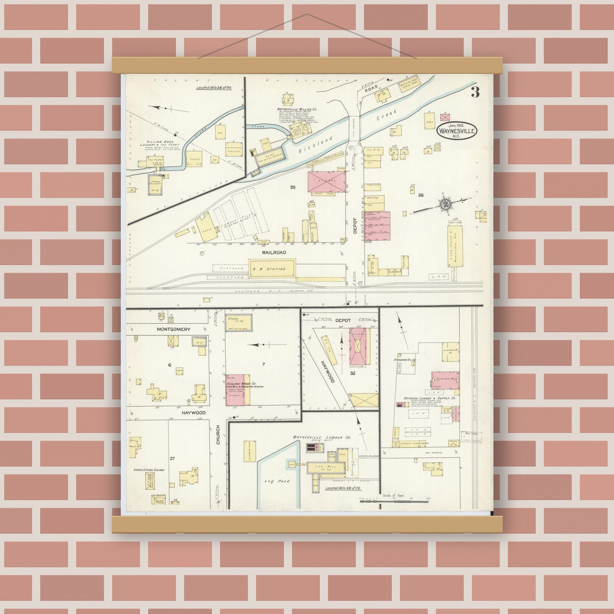 Old map wall art mockup — magnetic wood frame on brick wall — Sanborn Fire Insurance Map from Waynesville, Haywood County, North Carolina (1913), Sheet #0003