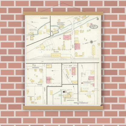 Old map wall art mockup — magnetic wood frame on brick wall — Sanborn Fire Insurance Map from Waynesville, Haywood County, North Carolina (1913), Sheet #0003