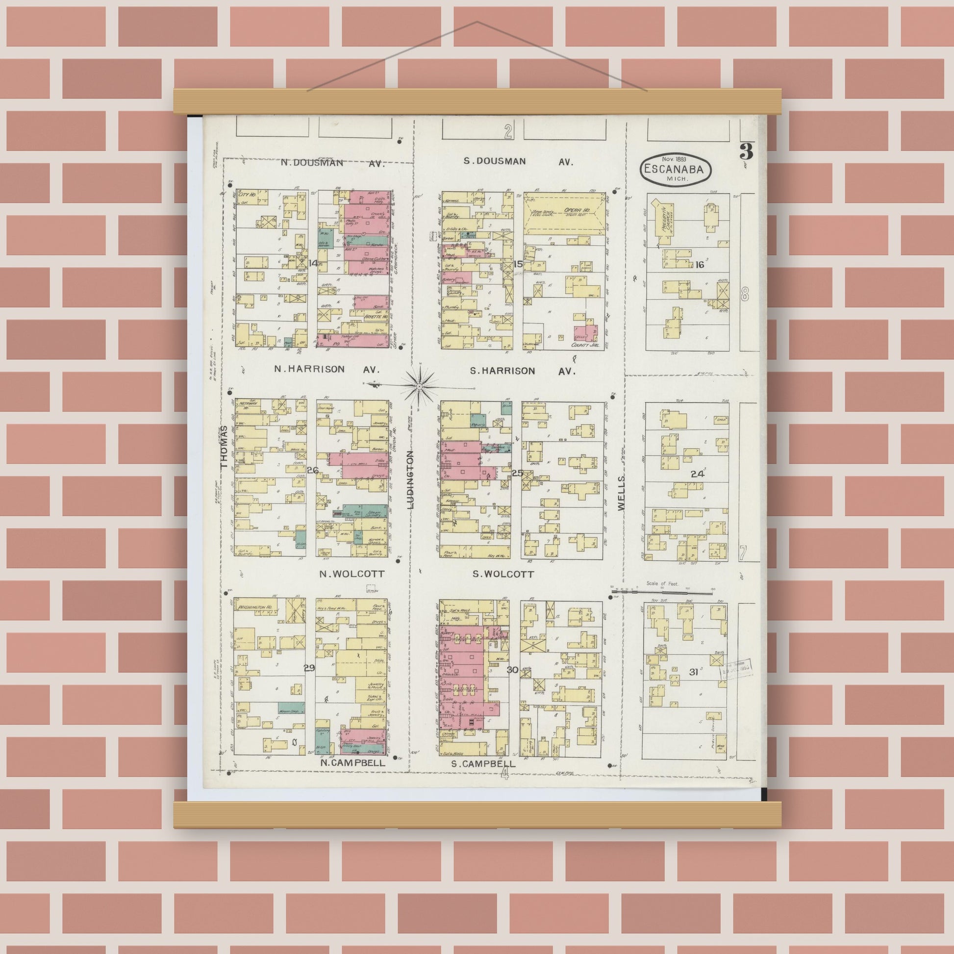 Old map wall art mockup — magnetic wood frame on brick wall — Sanborn Fire Insurance Map from Escanaba, Delta County, Michigan (1893), Sheet #0003