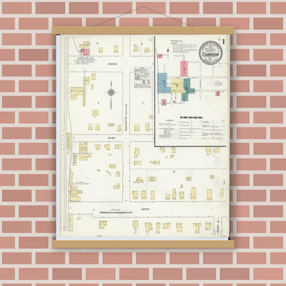 Old map wall art mockup — magnetic wood frame on brick wall — Sanborn Fire Insurance Map from Chardon, Geauga County, Ohio (1911), Sheet #0001
