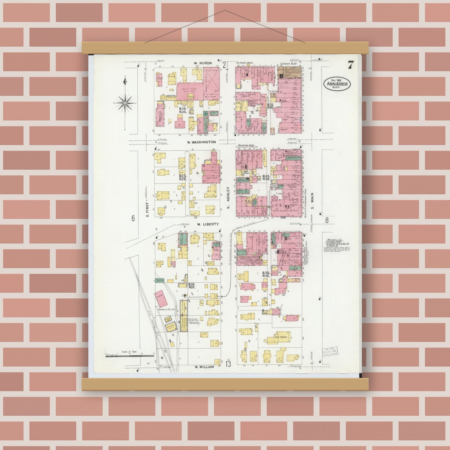 Old map wall art mockup — magnetic wood frame on brick wall — Sanborn Fire Insurance Map from Ann Arbor, Washtenaw County, Michigan (1908), Sheet #0007