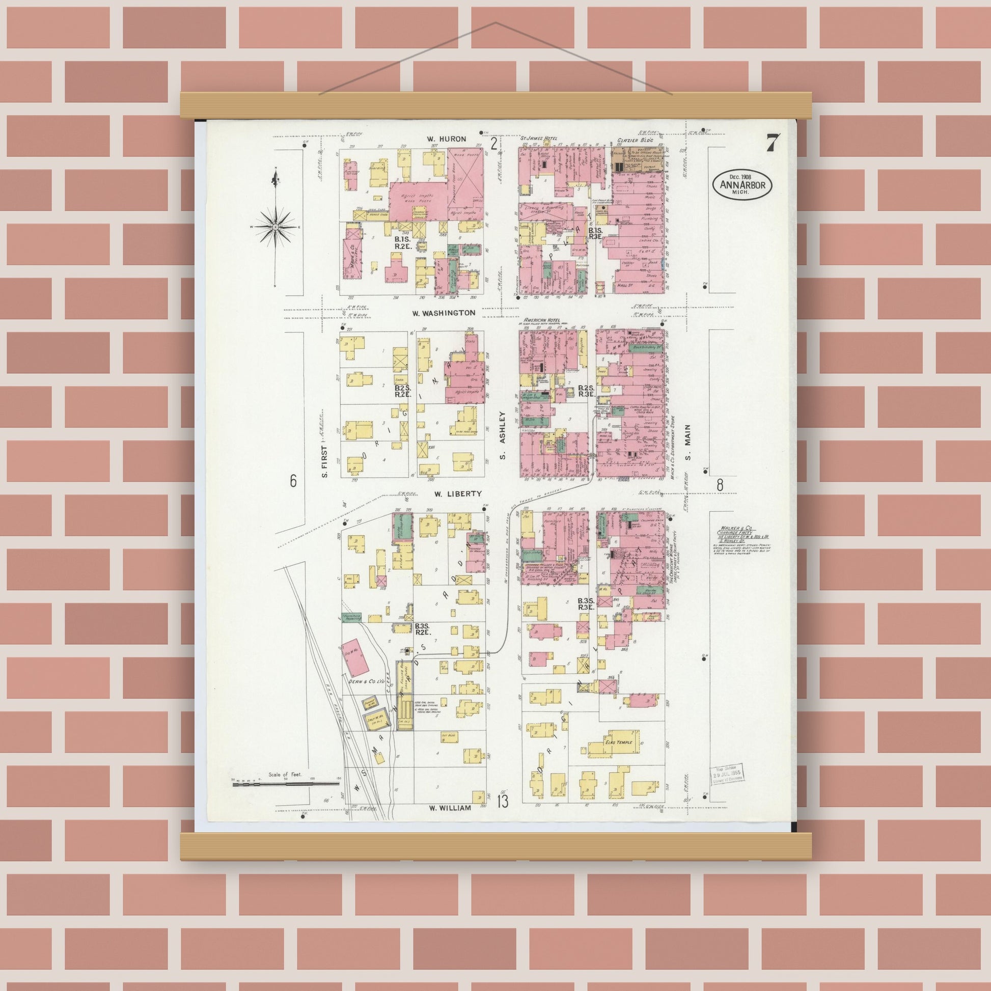 Old map wall art mockup — magnetic wood frame on brick wall — Sanborn Fire Insurance Map from Ann Arbor, Washtenaw County, Michigan (1908), Sheet #0007