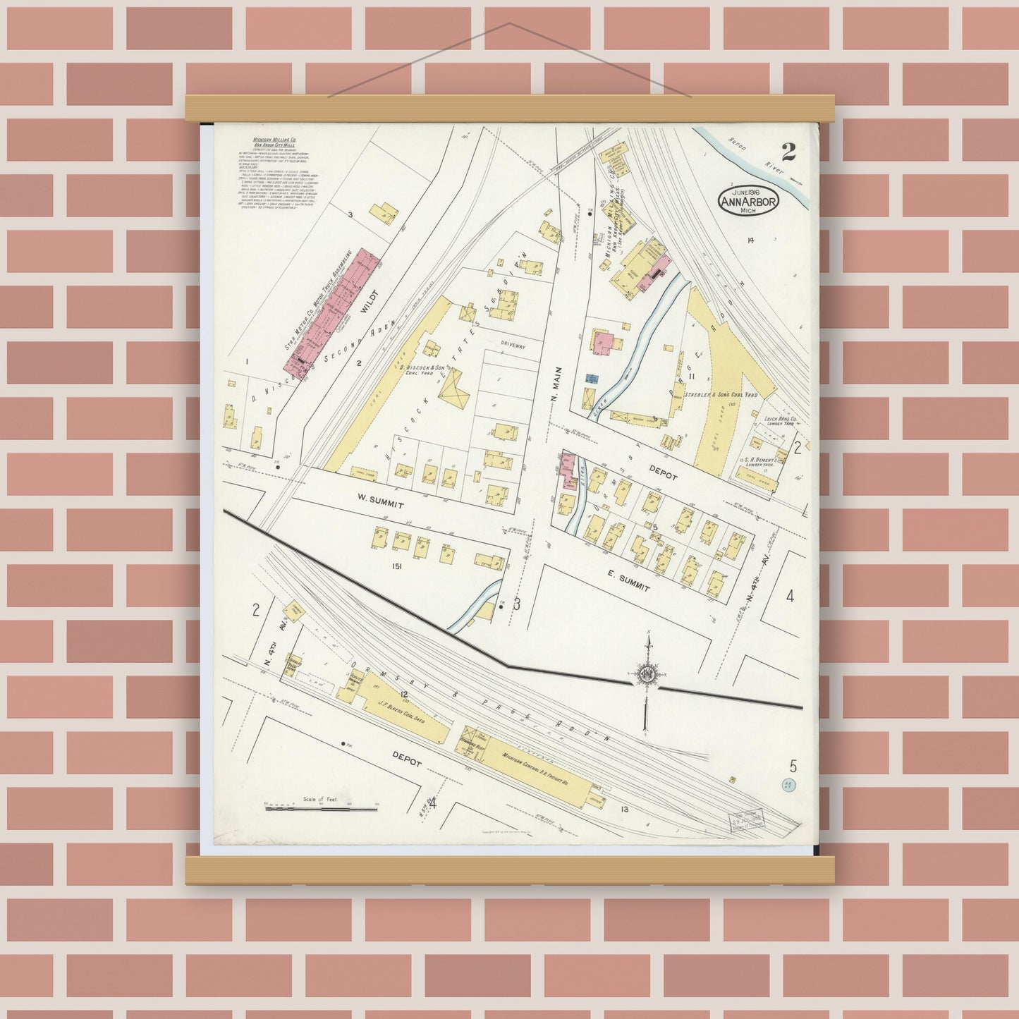 Old map wall art mockup — magnetic wood frame on brick wall — Sanborn Fire Insurance Map from Ann Arbor, Washtenaw County, Michigan (1916), Sheet #0002