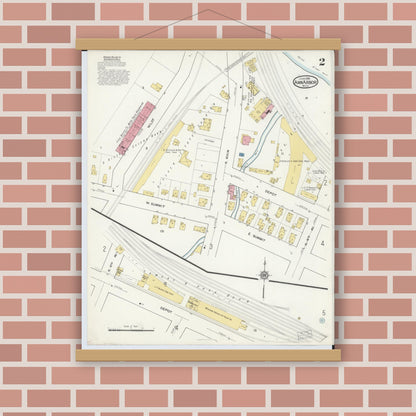 Old map wall art mockup — magnetic wood frame on brick wall — Sanborn Fire Insurance Map from Ann Arbor, Washtenaw County, Michigan (1916), Sheet #0002