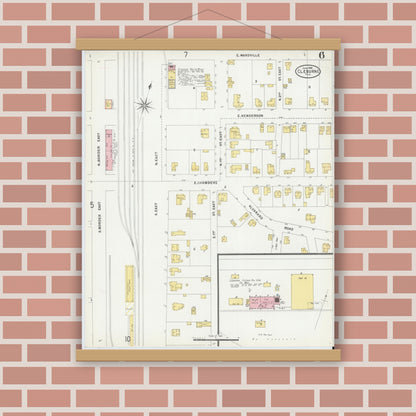 Old map wall art mockup — magnetic wood frame on brick wall — Sanborn Fire Insurance Map from Cleburne, Johnson County, Texas (1898), Sheet #0006