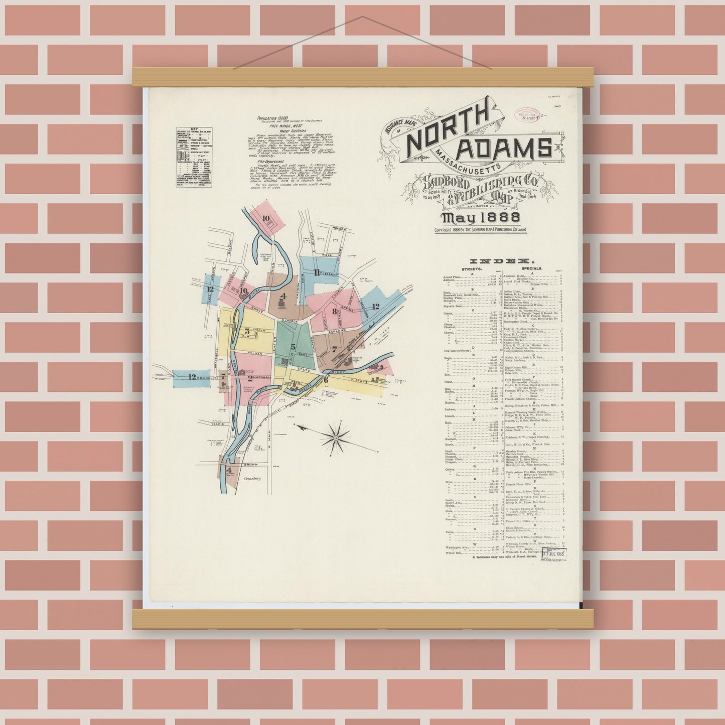 Old map wall art mockup — magnetic wood frame on brick wall — Sanborn Fire Insurance Map from North Adams, Berkshire County, Massachusetts (1888) - Complete Map Set