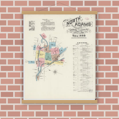 Old map wall art mockup — magnetic wood frame on brick wall — Sanborn Fire Insurance Map from North Adams, Berkshire County, Massachusetts (1888) - Complete Map Set