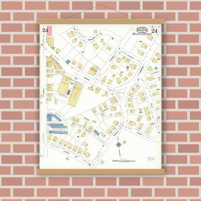 Old map wall art mockup — magnetic wood frame on brick wall — Sanborn Fire Insurance Map from Melrose, Middlesex County, Massachusetts (1923), Sheet #0024