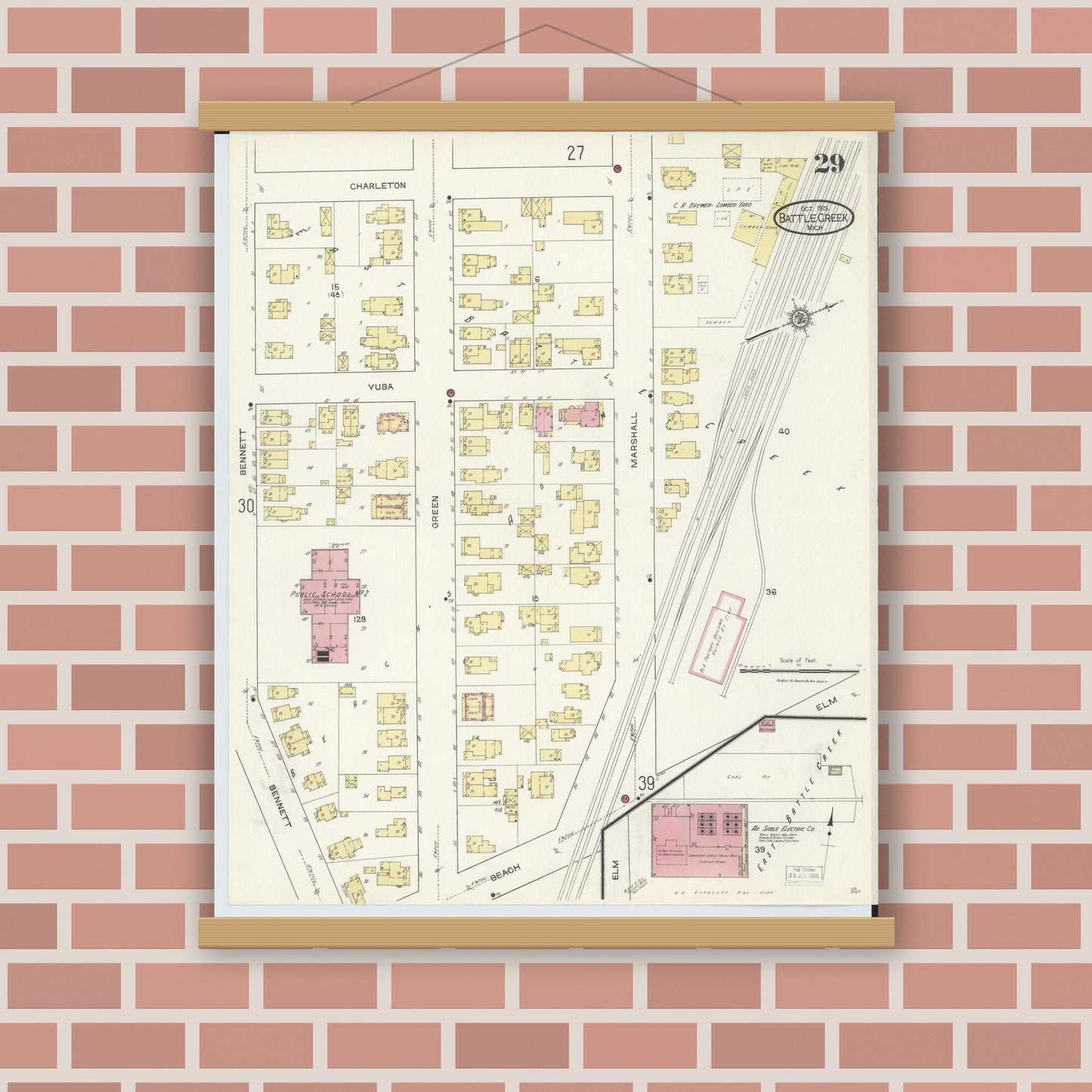 Old map wall art mockup — magnetic wood frame on brick wall — Sanborn Fire Insurance Map from Battle Creek, Calhoun County, Michigan (1913), Sheet #0029