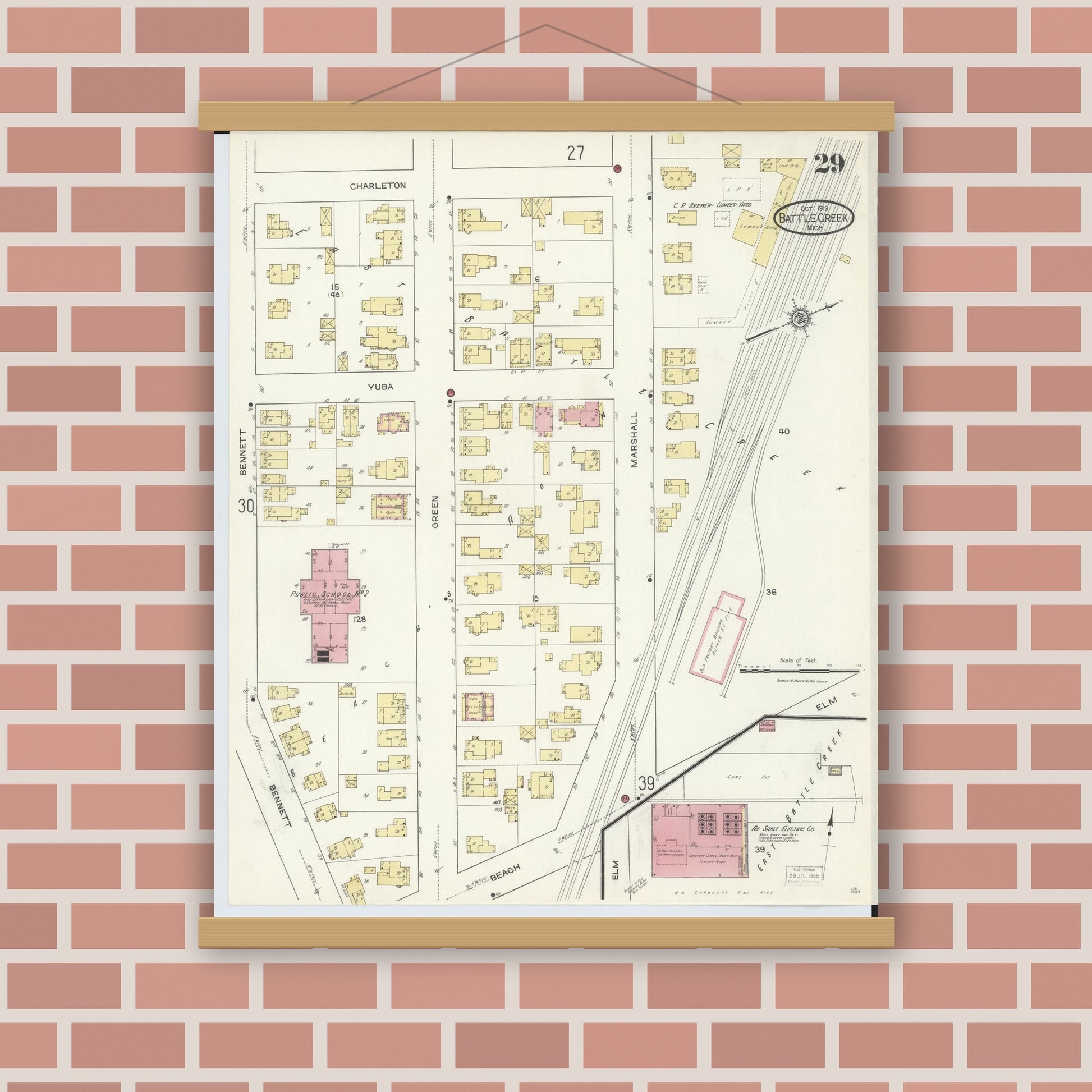 Old map wall art mockup — magnetic wood frame on brick wall — Sanborn Fire Insurance Map from Battle Creek, Calhoun County, Michigan (1913), Sheet #0029