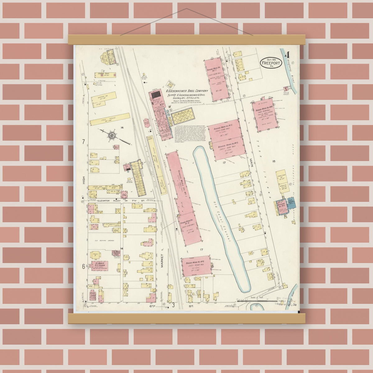 Old map wall art mockup — magnetic wood frame on brick wall — Sanborn Fire Insurance Map from Freeport, Armstrong County, Pennsylvania (1913), Sheet #0004