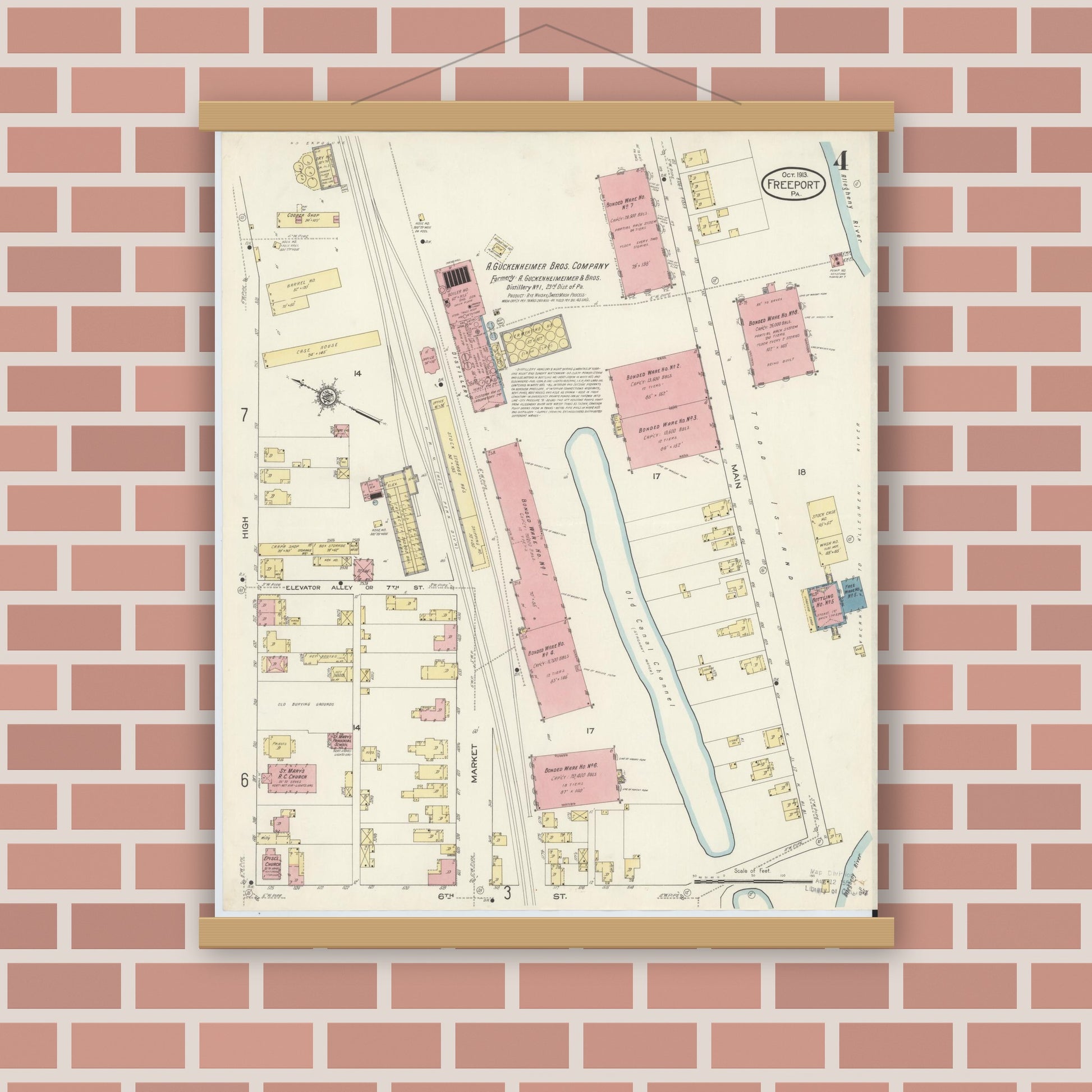 Old map wall art mockup — magnetic wood frame on brick wall — Sanborn Fire Insurance Map from Freeport, Armstrong County, Pennsylvania (1913), Sheet #0004