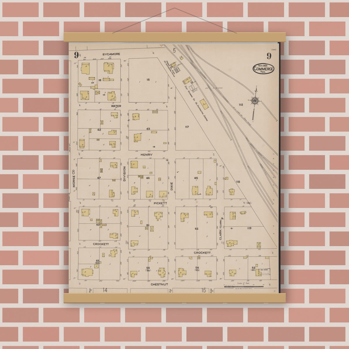 Old map wall art mockup — magnetic wood frame on brick wall — Sanborn Fire Insurance Map from Commerce, Hunt County, Texas (1922), Sheet #0009