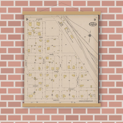 Old map wall art mockup — magnetic wood frame on brick wall — Sanborn Fire Insurance Map from Commerce, Hunt County, Texas (1922), Sheet #0009