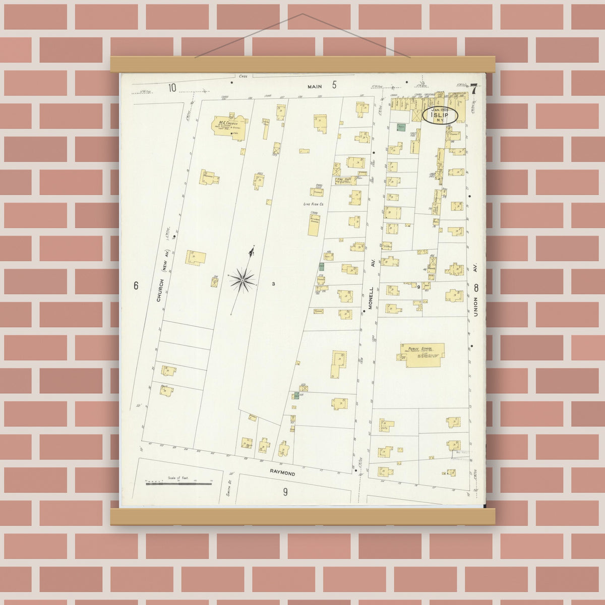 Old map wall art mockup — magnetic wood frame on brick wall — Sanborn Fire Insurance Map from Islip, Suffolk County, New York (1909), Sheet #0007