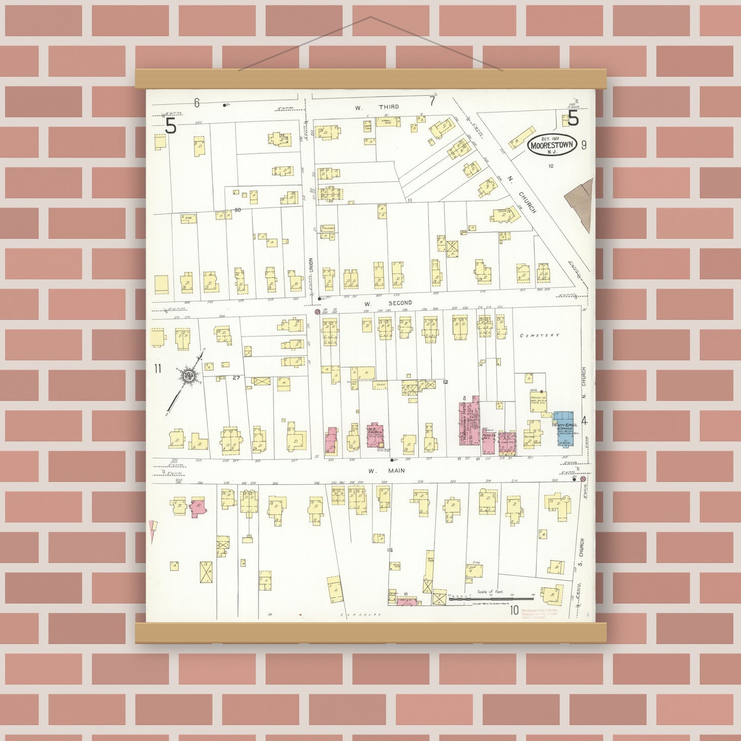Old map wall art mockup — magnetic wood frame on brick wall — Sanborn Fire Insurance Map from Moorestown, Burlington County, New Jersey (1923), Sheet #0005
