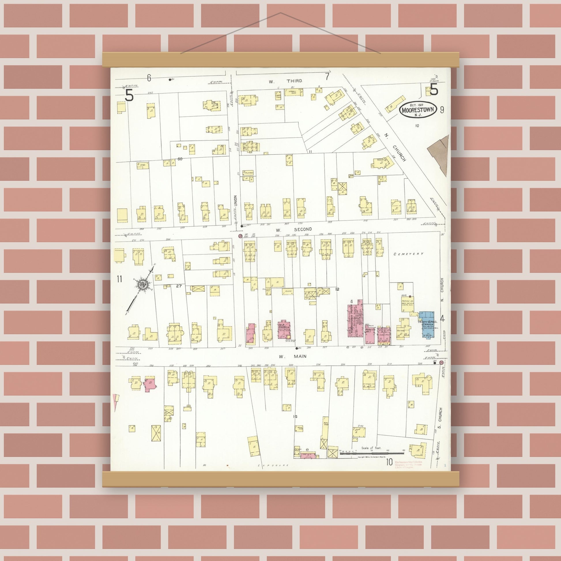 Old map wall art mockup — magnetic wood frame on brick wall — Sanborn Fire Insurance Map from Moorestown, Burlington County, New Jersey (1923), Sheet #0005