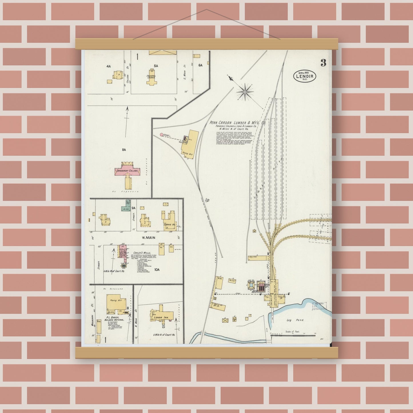 Old map wall art mockup — magnetic wood frame on brick wall — Sanborn Fire Insurance Map from Lenoir, Caldwell County, North Carolina (1902), Sheet #0003