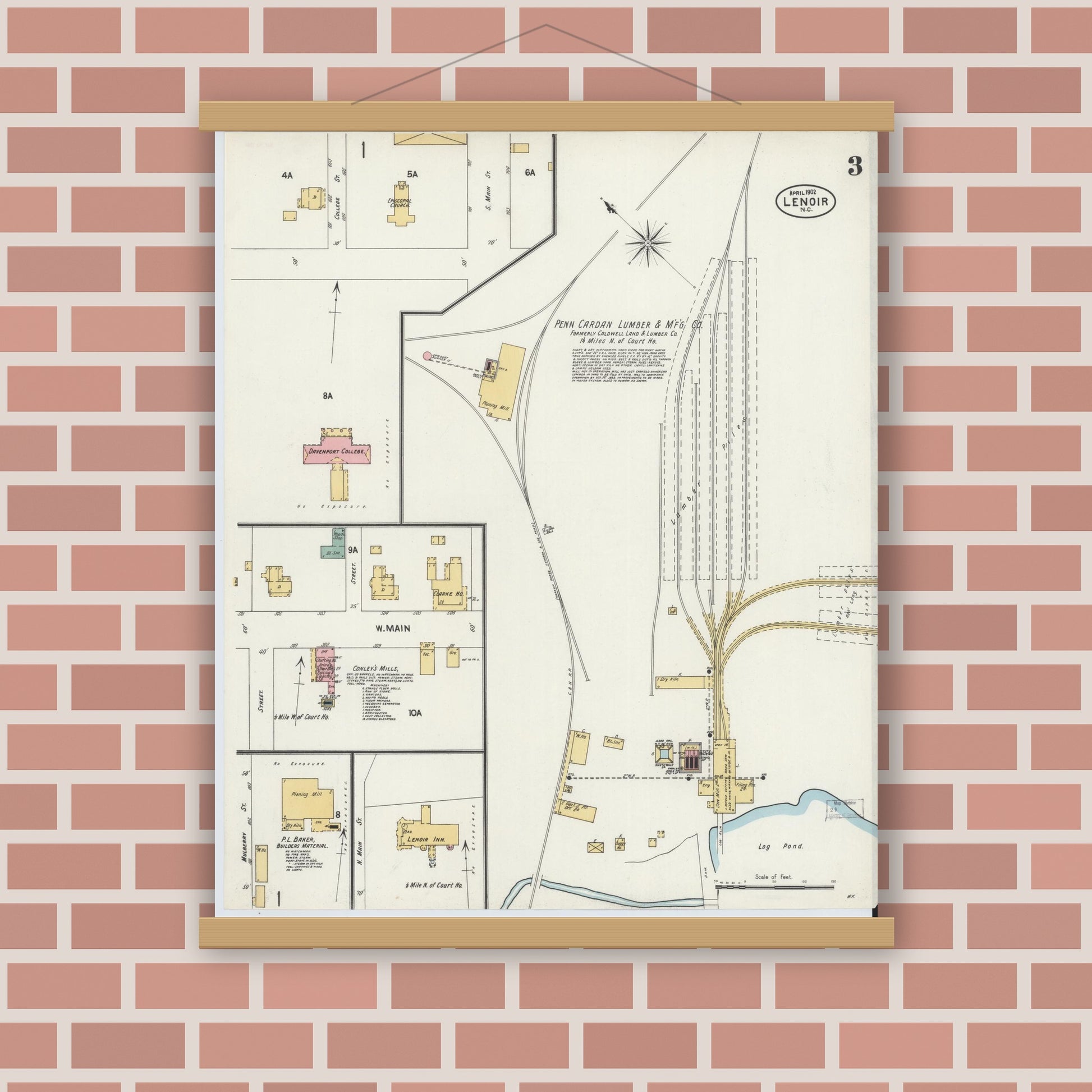 Old map wall art mockup — magnetic wood frame on brick wall — Sanborn Fire Insurance Map from Lenoir, Caldwell County, North Carolina (1902), Sheet #0003