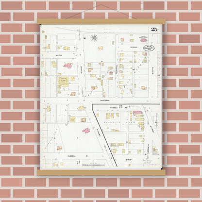Old map wall art mockup — magnetic wood frame on brick wall — Sanborn Fire Insurance Map from Mankato, Blue Earth County, Minnesota (1908), Sheet #0025