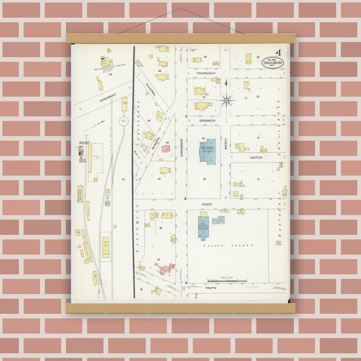 Old map wall art mockup — magnetic wood frame on brick wall — Sanborn Fire Insurance Map from Shullsburg, Lafayette County, Wisconsin (1908), Sheet #0004