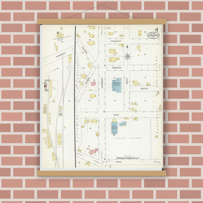 Old map wall art mockup — magnetic wood frame on brick wall — Sanborn Fire Insurance Map from Shullsburg, Lafayette County, Wisconsin (1908), Sheet #0004