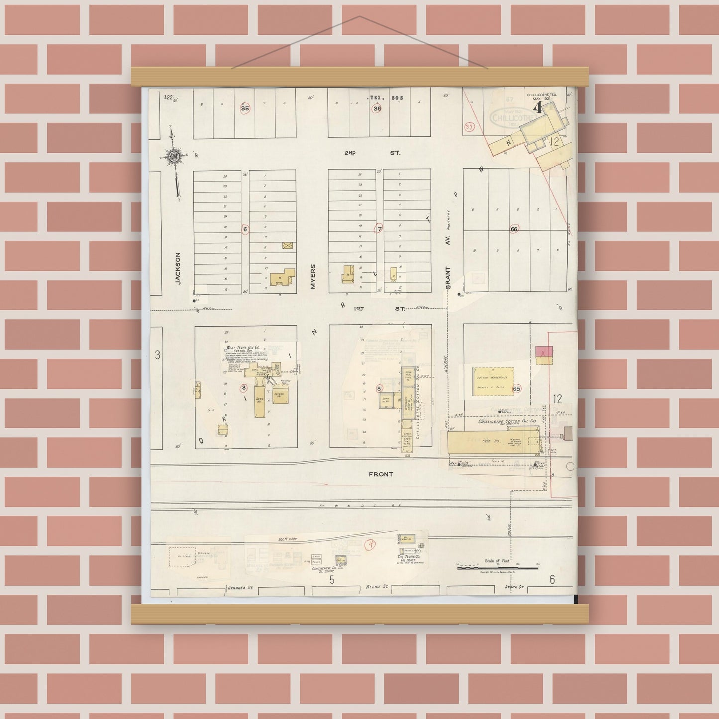 Old map wall art mockup — magnetic wood frame on brick wall — Sanborn Fire Insurance Map from Chillicothe, Hardeman County, Texas (1941), Sheet #0004