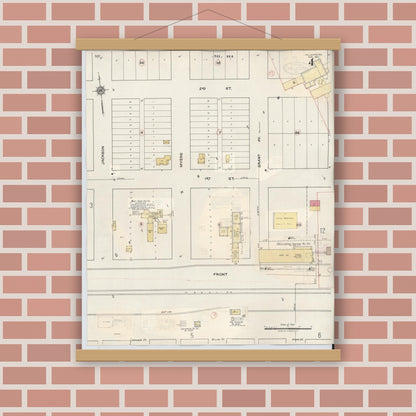 Old map wall art mockup — magnetic wood frame on brick wall — Sanborn Fire Insurance Map from Chillicothe, Hardeman County, Texas (1941), Sheet #0004