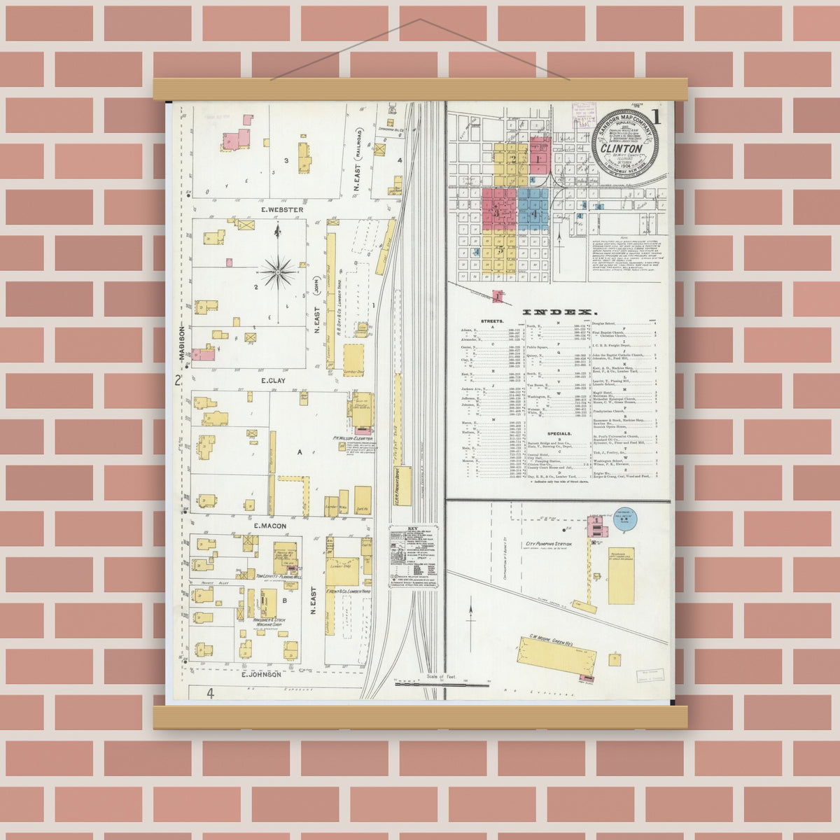 Old map wall art mockup — magnetic wood frame on brick wall — Sanborn Fire Insurance Map from Clinton, De Witt County, Illinois (1904), Sheet #0001