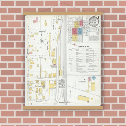 Old map wall art mockup — magnetic wood frame on brick wall — Sanborn Fire Insurance Map from Clinton, De Witt County, Illinois (1904), Sheet #0001