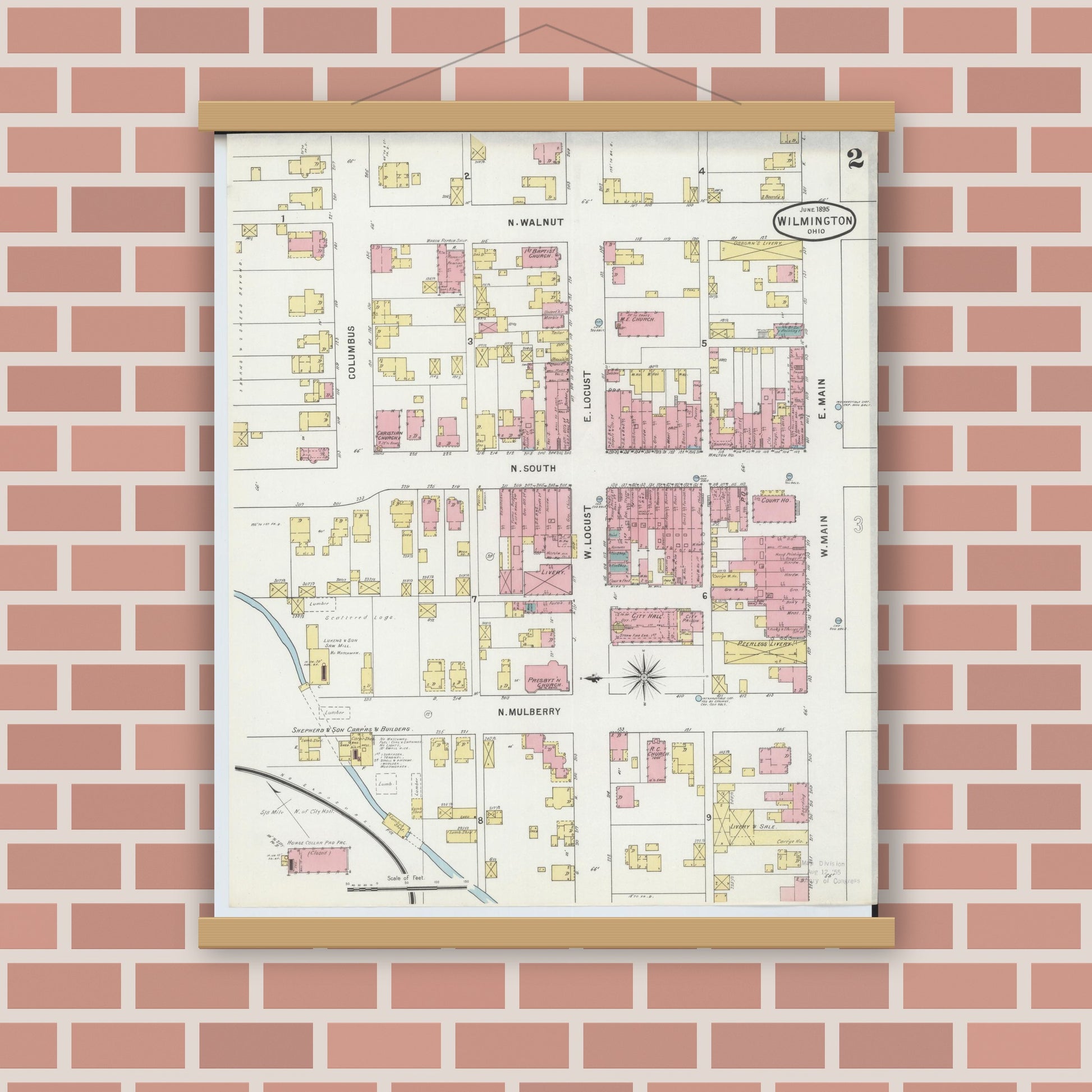 Old map wall art mockup — magnetic wood frame on brick wall — Sanborn Fire Insurance Map from Wilmington, Clinton County, Ohio (1895), Sheet #0002