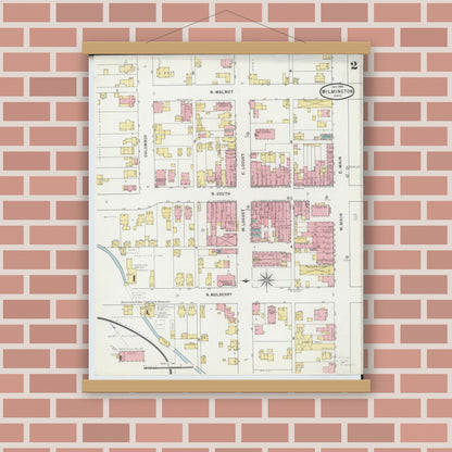 Old map wall art mockup — magnetic wood frame on brick wall — Sanborn Fire Insurance Map from Wilmington, Clinton County, Ohio (1895), Sheet #0002