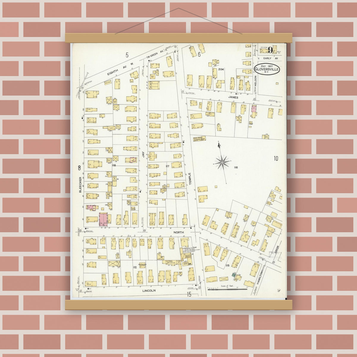 Old map wall art mockup — magnetic wood frame on brick wall — Sanborn Fire Insurance Map from Gloversville, Fulton County, New York (1907), Sheet #0009