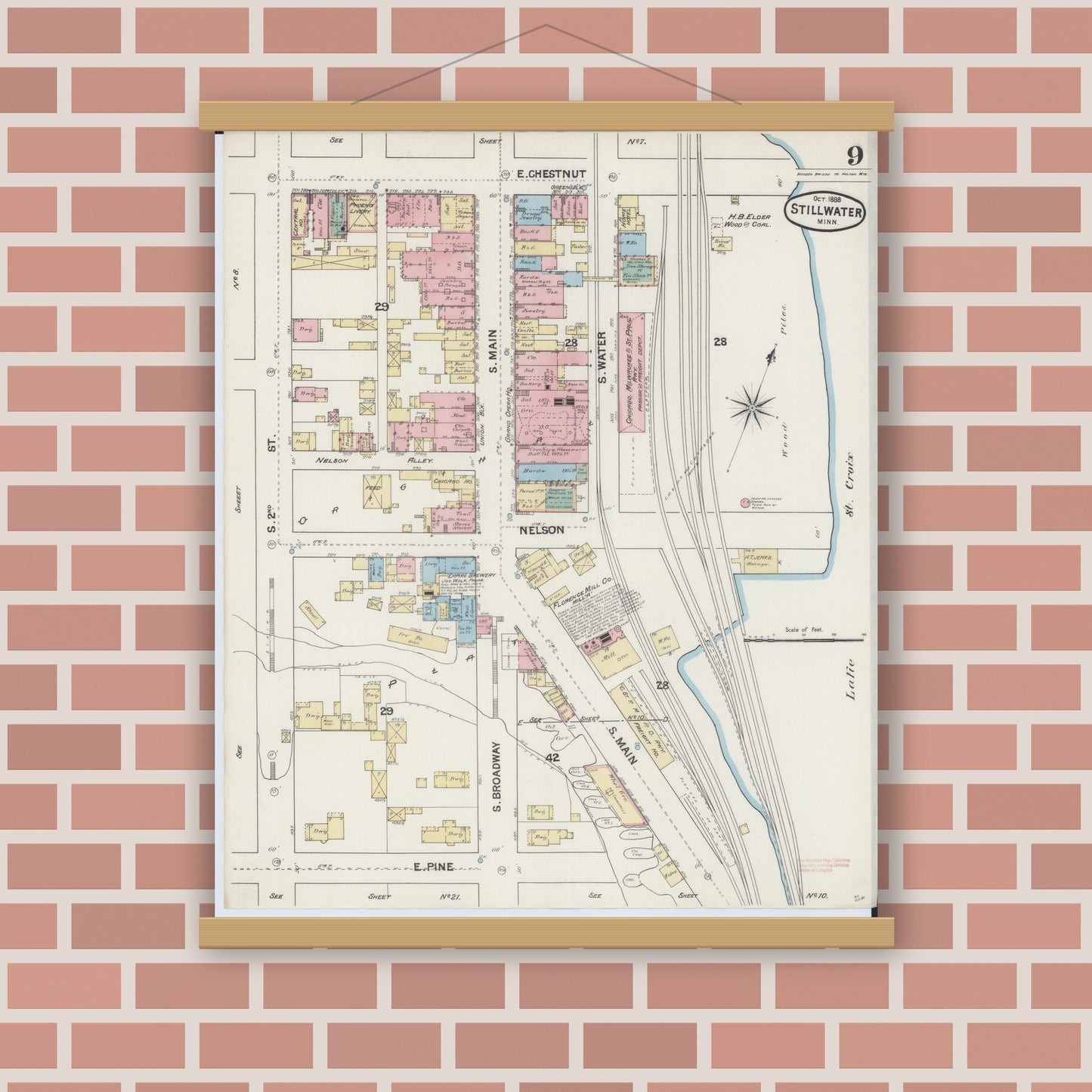Old map wall art mockup — magnetic wood frame on brick wall — Sanborn Fire Insurance Map from Stillwater, Washington County, Minnesota (1888), Sheet #0009