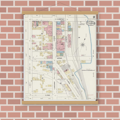 Old map wall art mockup — magnetic wood frame on brick wall — Sanborn Fire Insurance Map from Stillwater, Washington County, Minnesota (1888), Sheet #0009