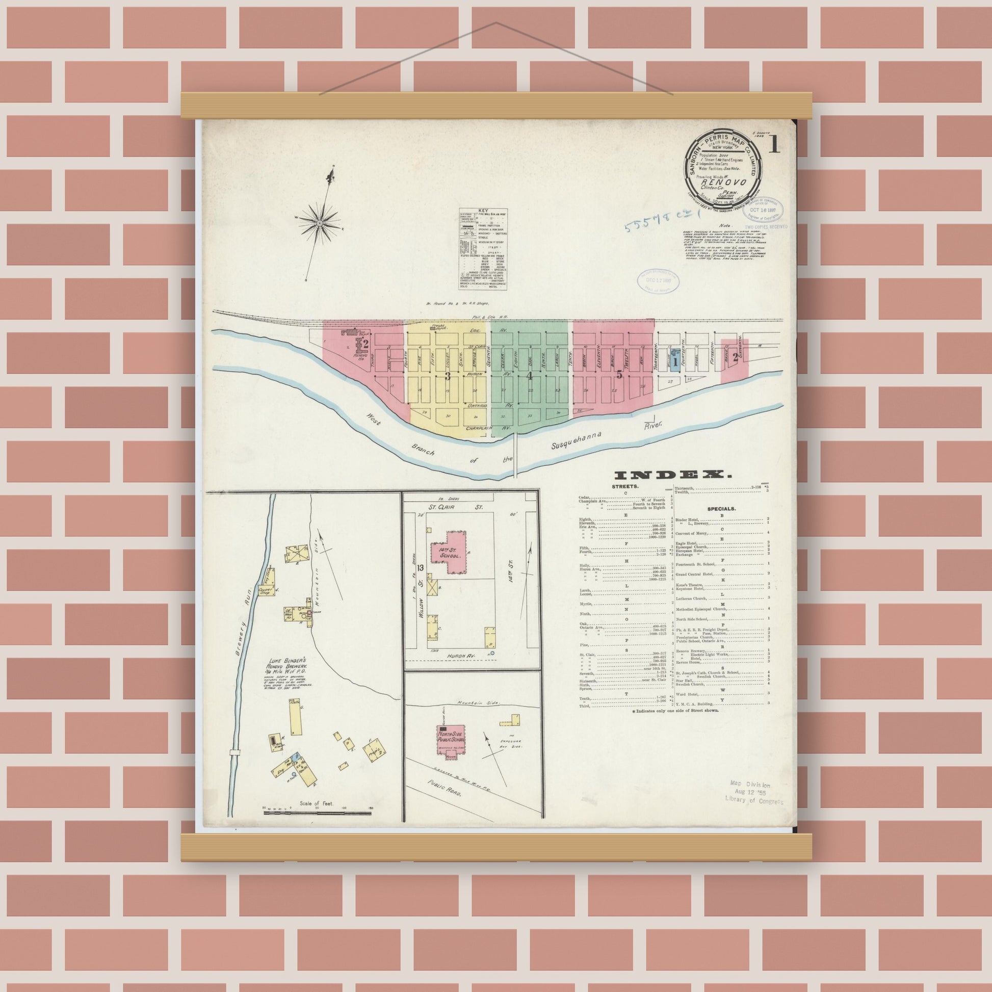 Old map wall art mockup — magnetic wood frame on brick wall — Sanborn Fire Insurance Map from Renovo, Clinton County, Pennsylvania (1897) - Complete Map Set