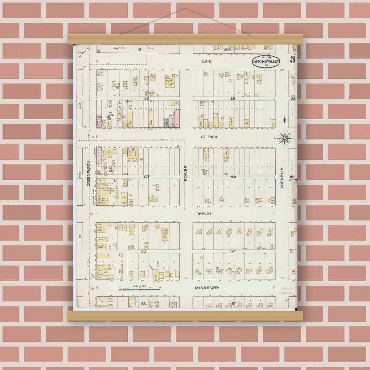 Old map wall art mockup — magnetic wood frame on brick wall — Sanborn Fire Insurance Map from Spring Valley, Bureau County, Illinois (1888), Sheet #0003
